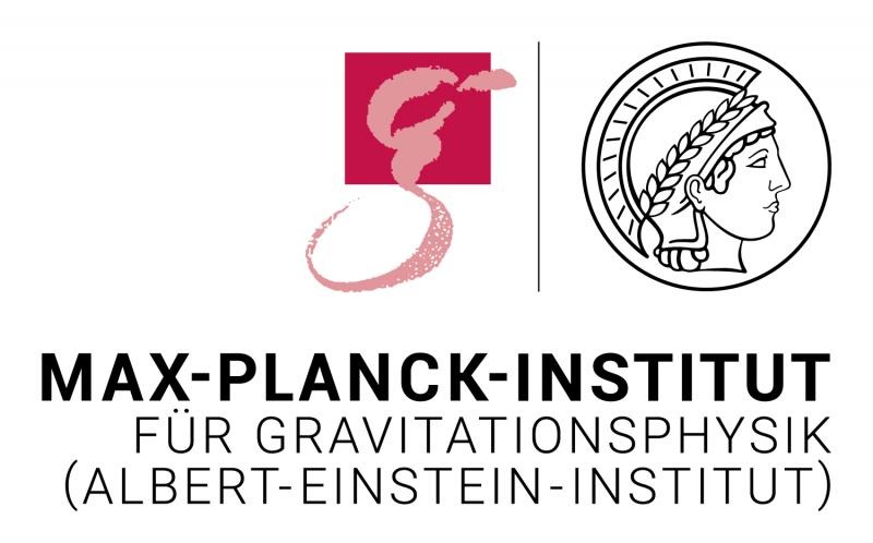 Die Wort-Bild-Marke des Max-Planck-Instituts für Gravitationsphysik. Oben sind ein stilisiertes g und die MPG-Minerva, unterhalb der Institutsname.